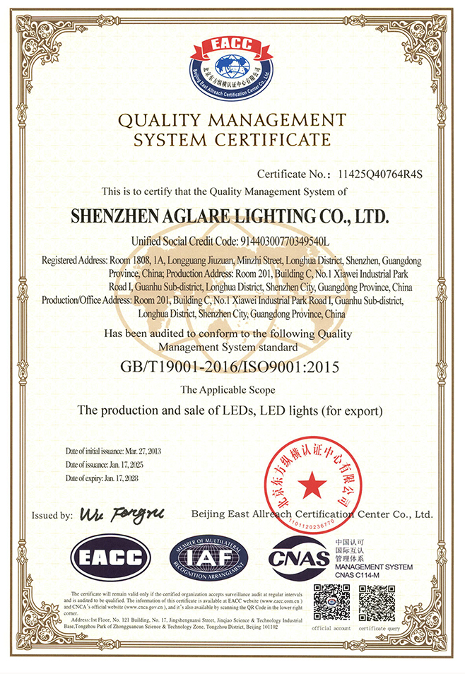 Aglare LED on Successfully Passing ISO9001 Certification 2025 